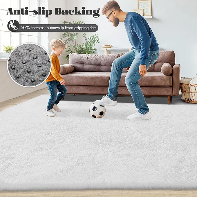 8x10 Area Rugs for Living Room: Fluffy Shag Soft Washable Rug Large Fuzzy Plush Indoor Carpet for Bedroom Nursery Playroom Kids Girls Boys Room (White, 8'x10')