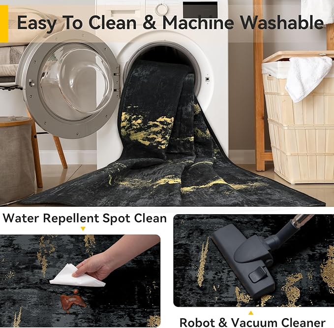 Washable Area Rugs 4x5 Non-Slip Modern Abstract Soft for Living Room Entryway Bedroom Nursery, Print Pattern, Dark Black Gold