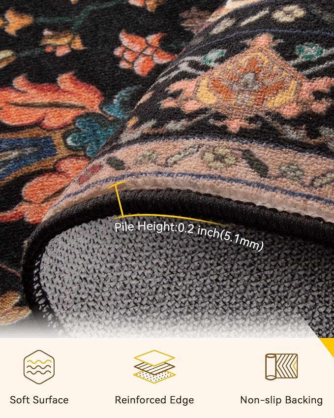 RELEANY Area Rugs 6'x9' Washable Non-Slip, Floral Vintage Distress Print Pattern Medallion Carpet for Living Room Bedroom Dining Room, Black Colorful Floral Dark Tan