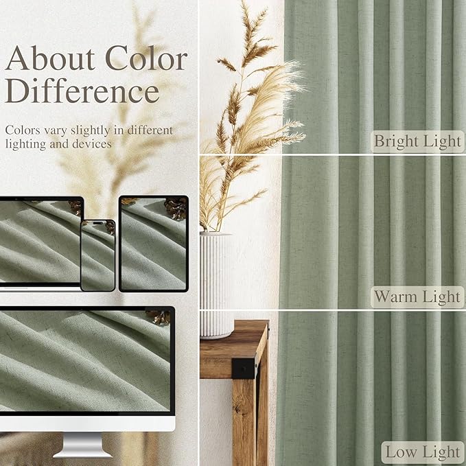 Desert Sage Linen Curtains for Living Room 126 Inches Long Light Filtering Semi Sheer Curtain Back Tab Rustic Farmhouse Decor Elegant Drapes Floor to Ceiling High Window for Bedroom 52x126, 2 Panels