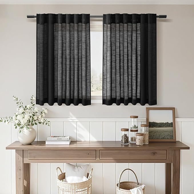 Nanspring Black Linen Curtains 24 Inch Length for Kitchen Small Windows Privacy Front Door Back Tab and Rod Pocket Drapes for Cafe Camper Small Curtains, 30 x 24 Inch,2 Panels