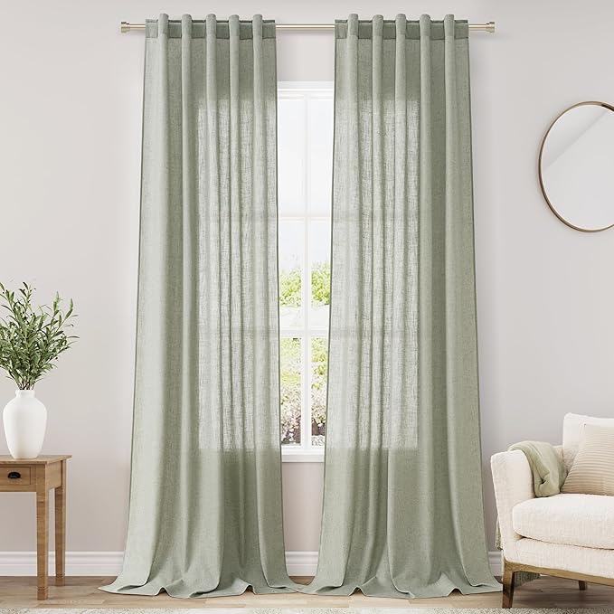Green Linen Curtains 102 Inches Long for Living Room 2 Panel Set Back Tab Rod Pocket Sage Green Semi Sheer Curtains Light Filtering Burlap Extra Long Drapes Farmhouse Decor for High Window 40x102