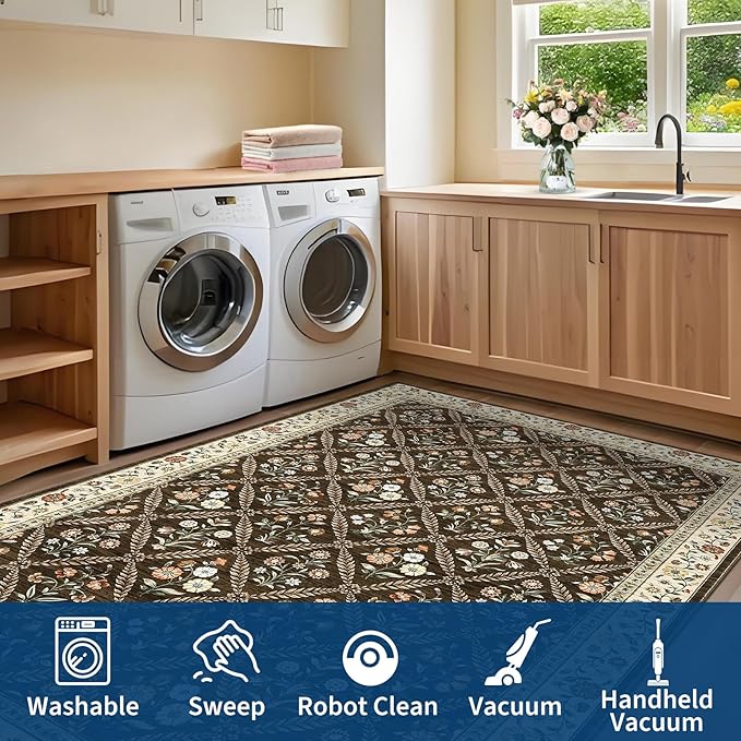Washable Kitchen Runner 2x6 Non-Slip Floral Carpet Runner for Entryway Indoor Ultra Soft Stain Resistant Long Rugs Farmhouse Floor Mat for Hallways Laundry Bedroom Brown