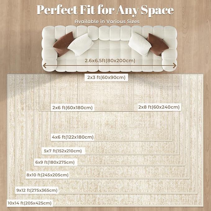 Washable Area Rug 5x7: Moroccan Rug for Living Room Geometric Boho Rug Farmhouse Non Slip Stain Resistant Rugs Low Pile Soft Carpet for Bedroom Dining Room Home Office Children Room (Beige,5'x7')