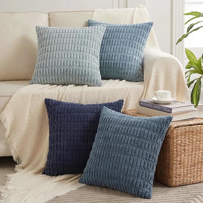 Fancy Homi Set of 4 Blue Boho Decorative Throw Pillow Covers 28x28 Inch for Couch Bed Sofa, Aesthetic Modern Bohemian Room Decor, Fuzzy Fluffy Cozy Corduroy Textured Coastal Blue Cushion Case 71x71cm