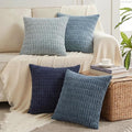 Fancy Homi Set of 4 Blue Decorative Throw Pillow Covers 16x16 Inch for Couch Bed Chair, Modern Farmhouse Boho Room Decor, Soft Fuzzy Corduroy Textured Striped Coastal Blue Cushion Case 40cm