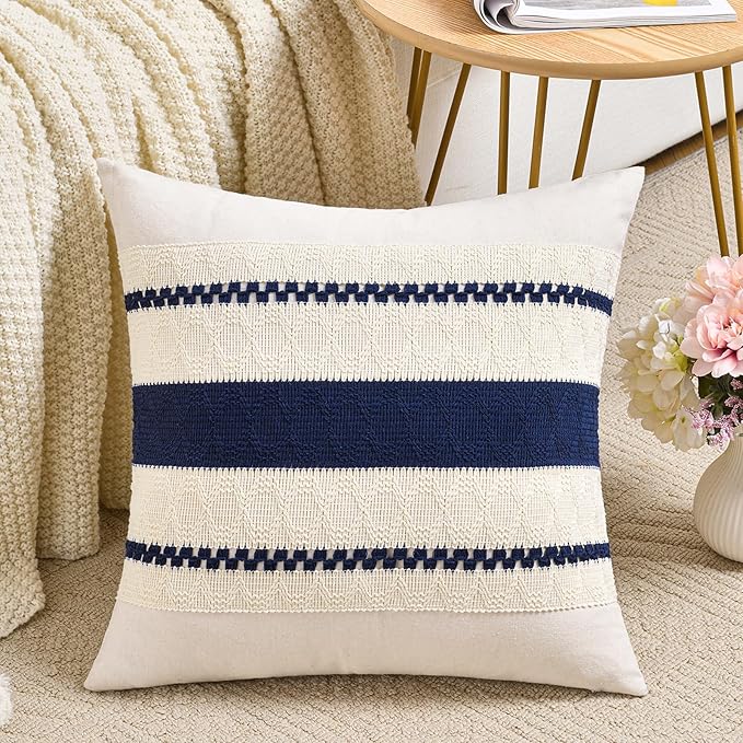 Fancy Homi Set of 1 Navy Blue Decorative Throw Pillow Covers 16x16 Inch for Couch Bed Sofa Living Room Office, Aesthetic Modern Organic Farmhouse Home Decor, Soft Cotton Woven Textured Cushion Case