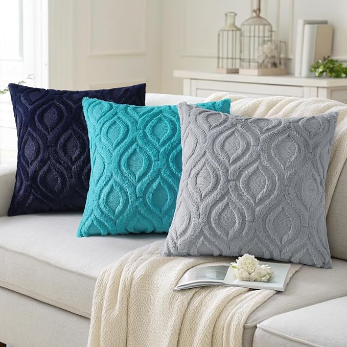 decorUhome Summer Throw Pillow Covers 12x20 Inch Set of 2, Soft Plush Faux Wool Navy Blue Solid Couch Pillow Covers, Accent Farmhouse Neutral Rectangle Pillow Cases for Sofa Bed Living Room