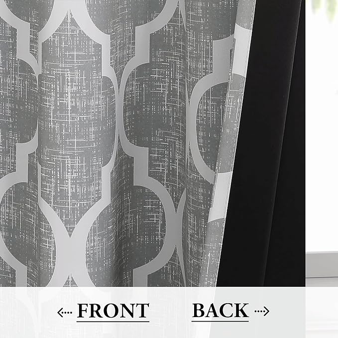 Beauoop 100% Blackout Curtains 108 Inches Long 2 Panels for Bedroom Living Room Grey Moroccan Geo Room Darkening Thermal Insulated Soundproof Grommet Top Window Treatments Drapes, 50x108 Set of 2
