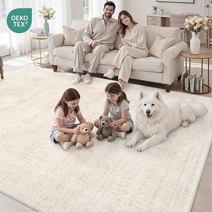 Area Rugs 9x12 Living Room: Vintage Boho Neutral Washable Rug Indoor Soft Large Area Rug Carpet for Bedroom Nursery Farmhouse Dining Room Office Floor Non-Slip Low Pile Under Table Rug Beige