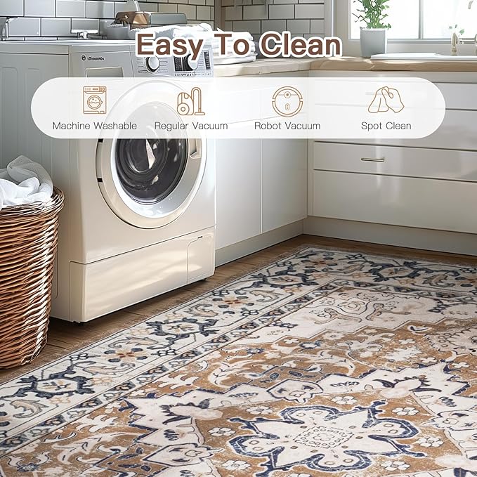 Lofus 8x10 Area Rugs for Living Room, Washable Area Rug, Rugs for Bedroom, Kitchen, Vintage Boho Carpet, Soft Non-Slip, Low Pile Large Area Rug for Office Dining Room, Floral Brown