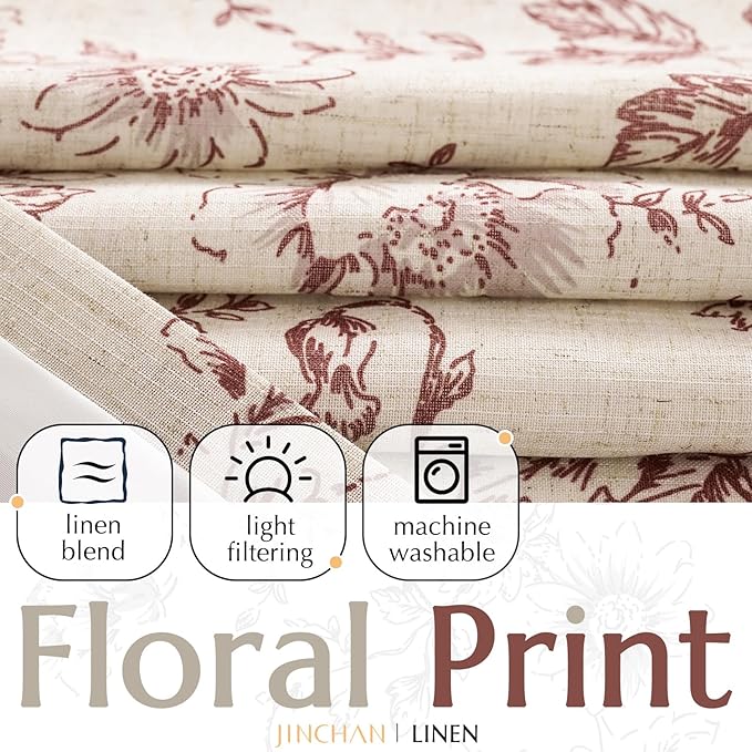 jinchan Lined Linen Blend Curtain Floral Curtains for Living Room 108 Inches Long Farmhouse Red Flower Printed Curtain Rod Pocket Back Tab Peony Patterned Drapes Curtains Set 2 Panels