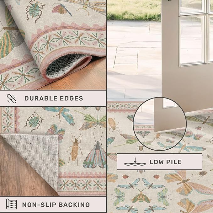 3x5 Flower Area Rug for Girls Bedroom - Washable Light Pink Large Entryway Rug for Laundry Room, Kitchen, Bedroom, Dorm, Insect Print Vintage Floral Non-Slip Throw Rug Low Pile Stain Resistance