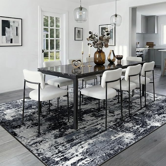 Washable Area Rugs 6'x9' Non-Slip Modern Abstract Soft for Living Room Entryway Bedroom Nursery, Print Pattern, Black Navy Blue Gray