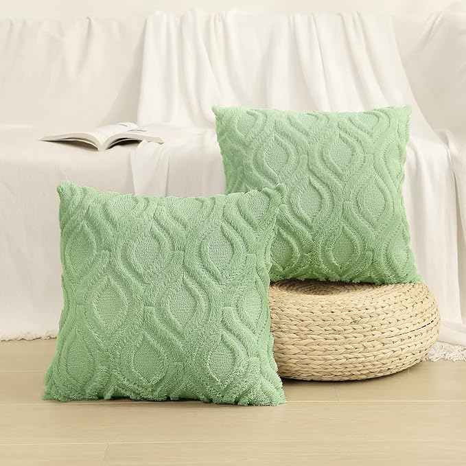 decorUhome Summer Throw Pillow Covers 16x16 Inch Set of 2, Soft Plush Faux Wool Light Sage Green Solid Couch Pillow Covers, Accent Farmhouse Neutral Square Pillow Cases for Sofa Bed Living Room