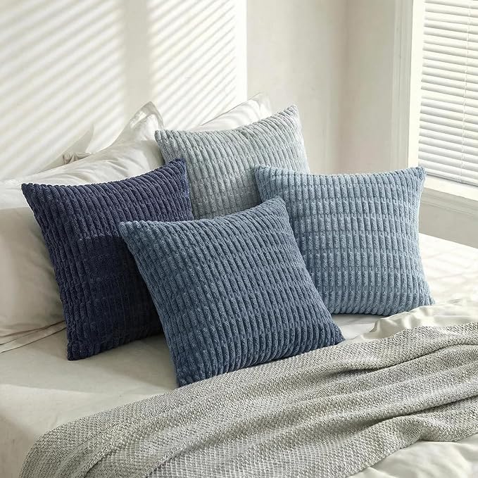 Fancy Homi Set of 4 Blue Decorative Throw Pillow Covers 12x12 Inch for Couch Bed Chair, Modern Farmhouse Boho Room Decor, Soft Fuzzy Corduroy Textured Striped Coastal Blue Cushion Case 30cm