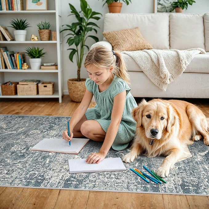 4x10 Washable Hallway Runner Rug - Wide Kitchen Runners Vintage Low Pile Carpet Soft Thin Floor Runner with Rubber Backing for Entryway Bedroom Living Room Home Decor (Blue)