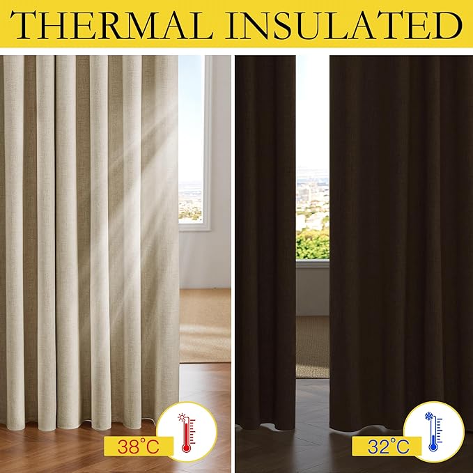 NICETOWN 100% Blackout Cream Linen Curtains 95 inches Length for Dining Room, 2 Panels Set, 52" Wide, Farmhouse Style Room Cooling Window Draperies with Thermal Insulated Liners