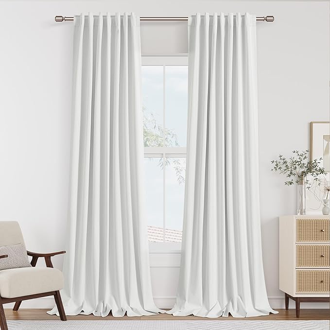 Guken Off White 100% Blackout Curtains 96 Inch Length 2 Panels Set for Living Room Bedroom Back Tab Thermal Insulated Black Out Linen Drapes Room Darkening Window Curtains 96 Inches Long