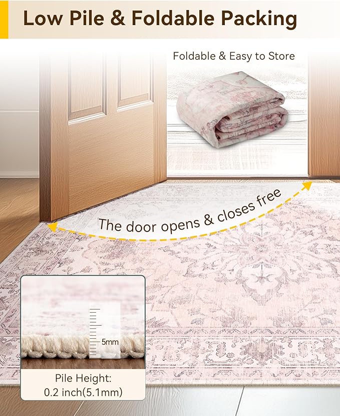 RELEANY Area Rugs 2'x8' Runner Rug Non Slip Washable for Kitchen Hallway Bedroom Beside Laundry Room Bathroom Rug, Floor Carpet, Pink Greypink Cute