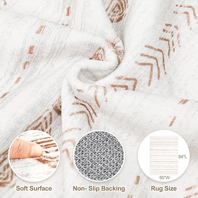Nakagishi Area Rug Living Room Rugs: 5x7 Large Soft Machine Washable Boho Moroccan FarmNeutral Stain Resistant Indoor Floor Carpet for Bedroom Under Dining Table Home Office Decor-Cream Brown
