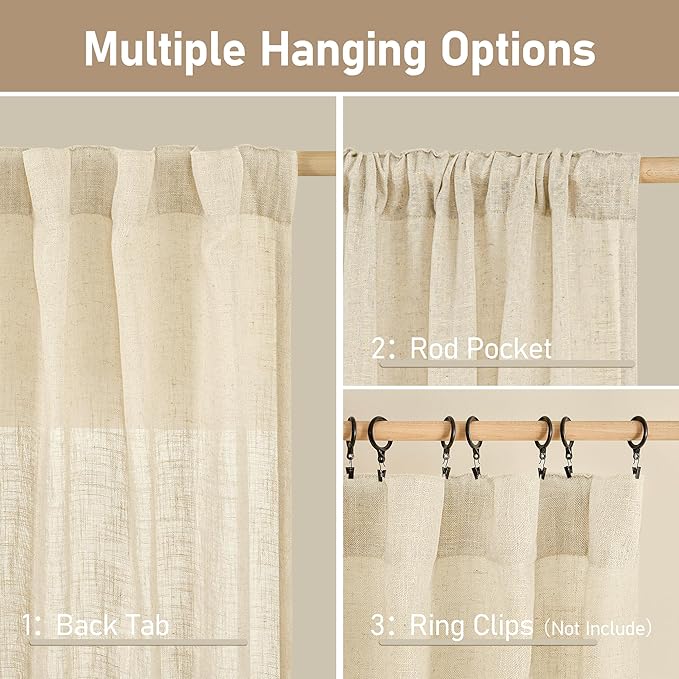 LAMIT Beige Linen Curtains for Living Room 80 inch Length, Light Filtering Semi Sheer Panels Back Tab and Rod Pocket Neutral Panels for Bedroom, 2 Panels, 34 x 80 Inch
