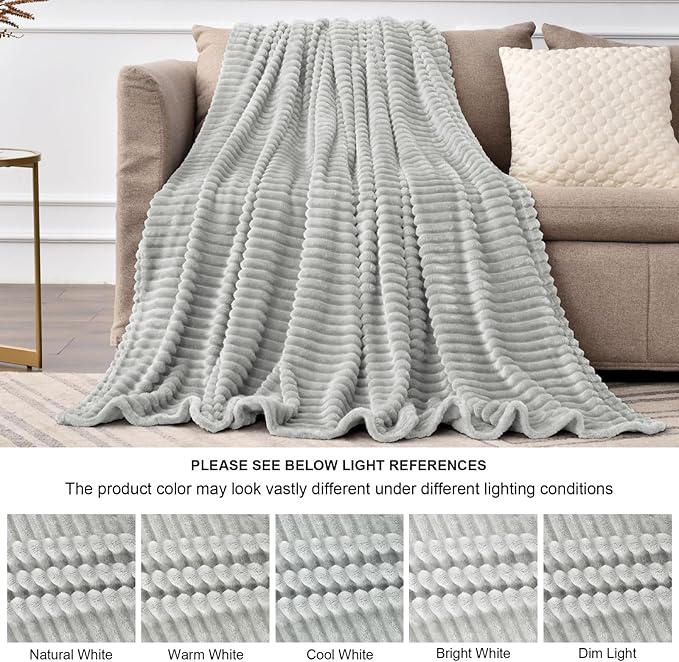 BEDELITE Fleece Throw Blanket for Couch – 3D Ribbed Jacquard Soft and Warm Decorative Fuzzy Blanket – Cozy, Fluffy, Plush Lightweight Light Grey Throw Blankets for Bed, Sofa, 50x60 inches
