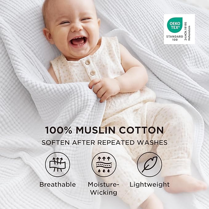 Bedsure 100% Cotton Muslin Throw Blanket Twin XL for Bed - 4-Layer Breathable and Lightweight Thin Soft Summer Gauze Muslin Blankets for Adults, White, 66x90 Inches