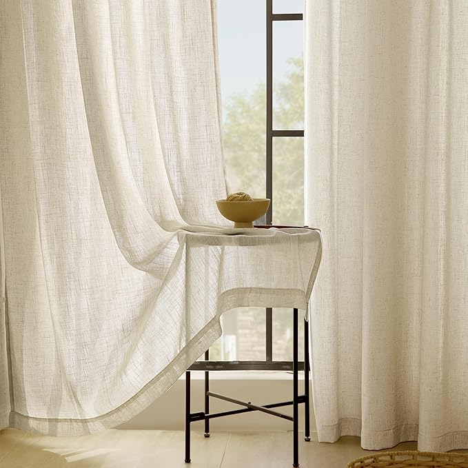 Faux Linen Beige Curtains 84 inches Long for Living Room Rustic Farmhouse Flax Linen Drapes Semi Sheer Burlap Textured Canvas Cloth Curtain Panels Set of 2 Kahki Tan