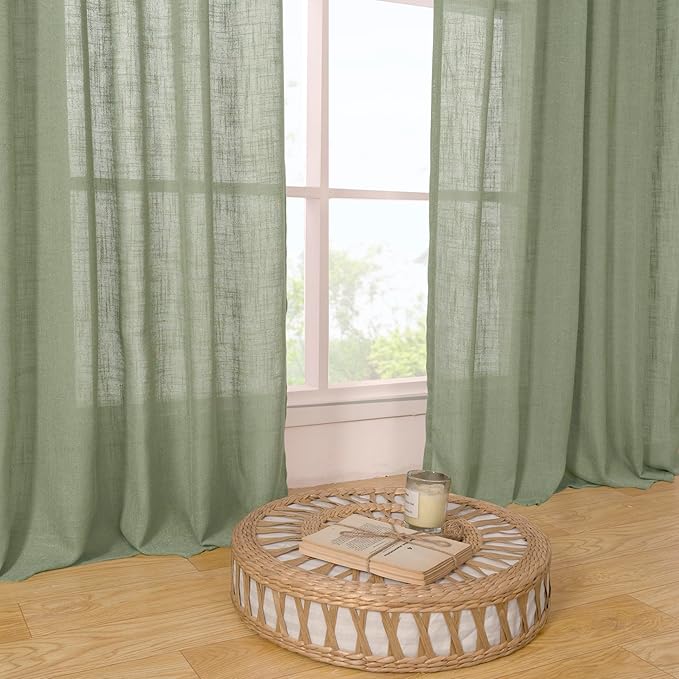 LAMIT Small Window Linen Curtains for Kitchen, Cafe Curtains 24 inch Semi Sheer Light Filtering Panels Back Tab and Rod Pocket Drapes for Small Window, 2 Panels, Sage Green, 34 x 24 Inch