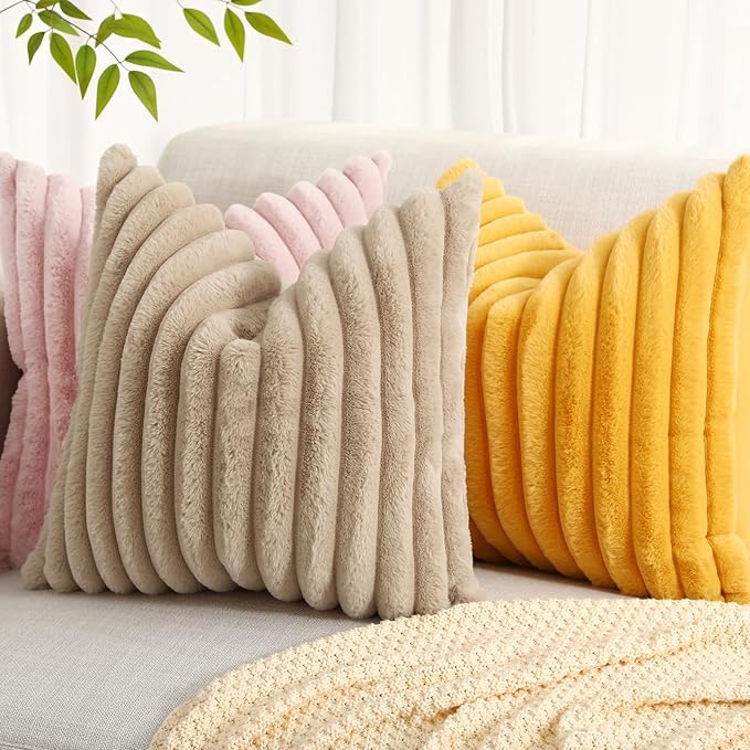 decorUhome Summer Cozy Faux Fur Throw Pillow Covers 24x24 Set of 2 Decorative Soft Plush Striped Modern Farmhouse Boho Couch Euro Sham Pillow Cases with Velvet Back for Sofa Bed Living Room, Pink