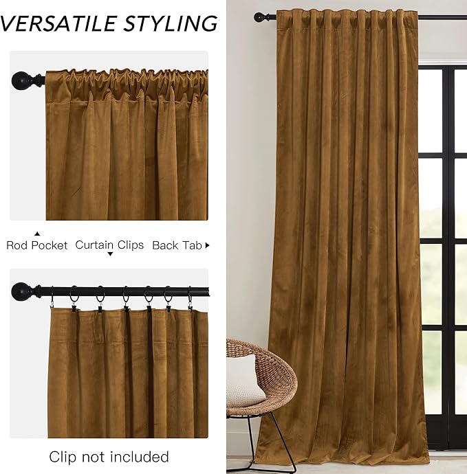 RYB HOME Velvet Blackout Curtains - Smooth Plush Privacy Blackout Energy Efficient Window Treatment Vintage Luxury Decoration for Retro Living Room, W52 x L90, Golden Brown, 2 Pieces
