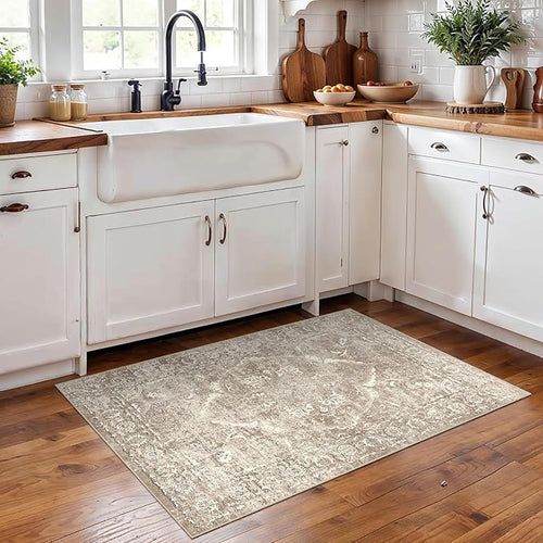2x3 Entryway Area Rug Washable - Neutral Small Entry Rug Kitchen Rug Runner Vintage Soft Floor Mat Non Slip Indoor Farmhouse Carpet for Bedroom Bathroom Living Room (Beige)