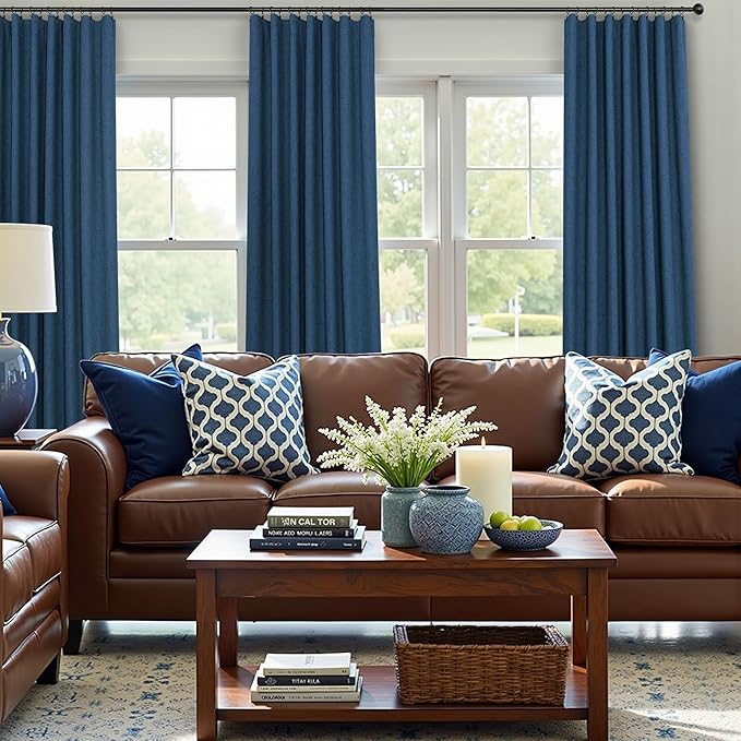 Navy Blue Small Blackout Curtains for Bathroom 45 Inches Long 2 Panel Sets Linen Look Back Tab Pocket Black Out Short Length Heat Reflective RV Curtains for Kids Boys Bedroom Door Camper Patriotic
