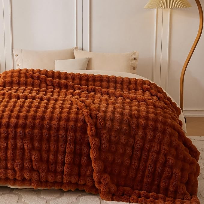 COOVA Faux Fur Throw Blanket for Couch, Cozy Soft and Fuzzy Plush Rabbit Fur Bubble Blanket for Sofa Bedroom Living Room, 60x80 Inches Brown