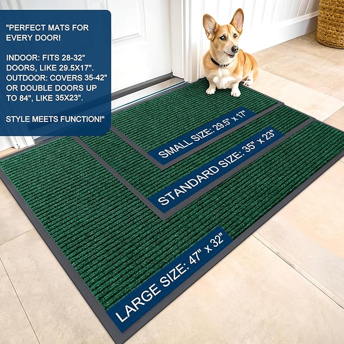 OLANLY Front Door Mat Indoor Outdoor Entrance, 2-Pack 47 x 32 Inch, Waterproof Heavy Duty Doormat, Fade Resistant, Low Profile, Easy Clean Patio Porch Welcome Floor Mats for Entry, Green