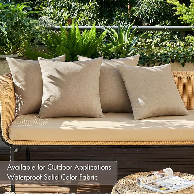 MIULEE Pack of 4 Decorative Outdoor Throw Pillow Covers Linen Waterproof Pillow Covers Farmhouse Cushion Cases for Patio Garden Tent Balcony Couch Sofa 18x18 inch Light Tan