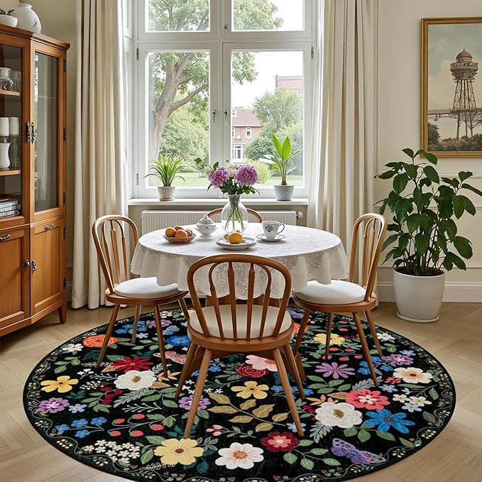Round Area Rug for Living Room: 4 ft Floral Washable Circle Rug Soft Boho Non-Slip Carpet Indoor Stain Resistant Low Pile Small Circular Rug for Bedroom Entryway Kitchen Nursery Home Office Black