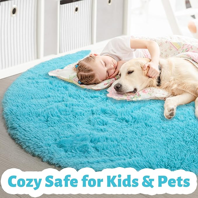 Amdrebio Blue Round Circle Rugs 6Ft for Kids Bedroom, Large Soft Fluffy Area Rug for Teen Girls Boys, Play Room Decor Aesthetic, Plush Shaggy Fuzzy Baby Carpet for Living Room Nursery Classroom Dorm