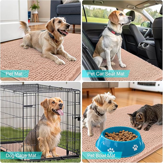 OLANLY Dog Door Mat for Muddy Paws 35x24, Absorbs Moisture and Dirt, Absorbent Non-Slip Washable Doormat, Quick Dry Chenille Mud Mat for Dogs, Entry Indoor Entryway Carpet for Inside Floor, Peach