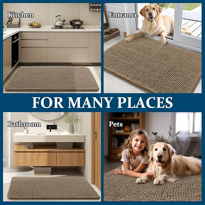 OLANLY Dog Door Mat for Muddy Paws 40x24, Absorbs Moisture and Dirt, Absorbent Non-Slip Washable Doormat, Quick Dry Chenille Mud Mat for Dogs, Entry Indoor Entryway Carpet for Inside Floor, Tan