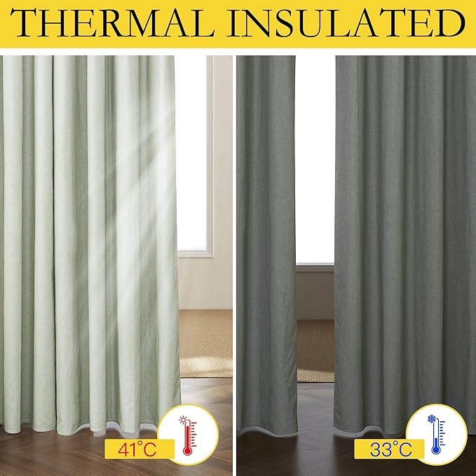NICETOWN 100% Absolutely Blackout Linen Curtains with Thermal Insulated White Liner, Sage Green, W52, 2 Pieces, Noise Reducing Textured Linen Look Curtains for Windows 92 inch Length for Classroom