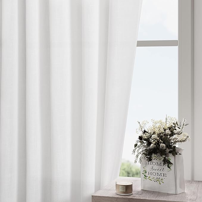 Linen White Curtains 132 inches Long for Living Room Back Tab Light Filtering Semi Sheer White Drapes Extra Long High Ceiling Curtains for Large Windows Patio Sliding Door Bedroom 11 Foot