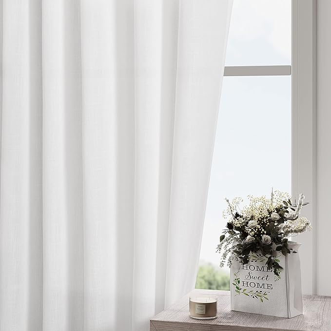 Nanspring White Linen Curtains 168 Inches Long Back Tab Extra Long Curtains for Living Room Farmhouse Light Filtering Semi Sheer Linen Drapes Ceiling to Floor for Large Window 2 Panels Set 52x168