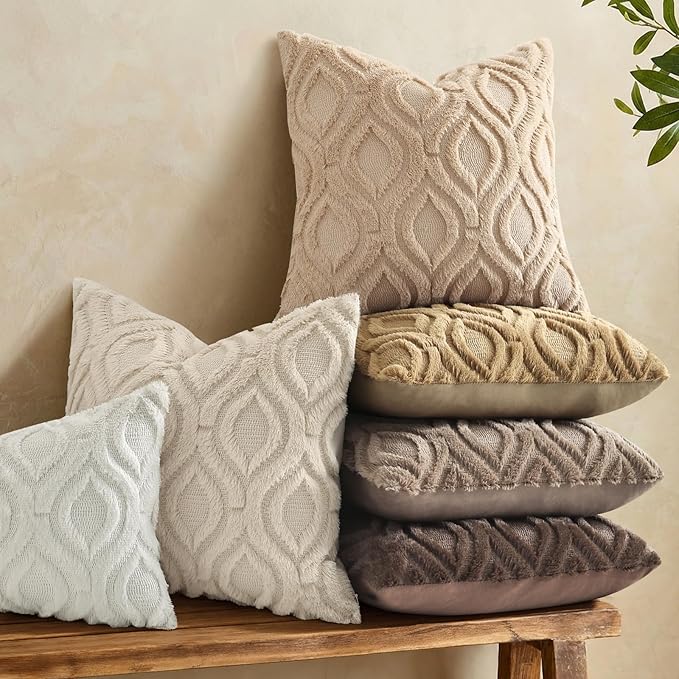 decorUhome Throw Pillow Covers 20x20 Inch Set of 2, Soft Plush Faux Wool Light Khaki Solid Couch Pillow Covers, Accent Farmhouse Neutral Square Pillow Cases for Sofa Bed Living Room