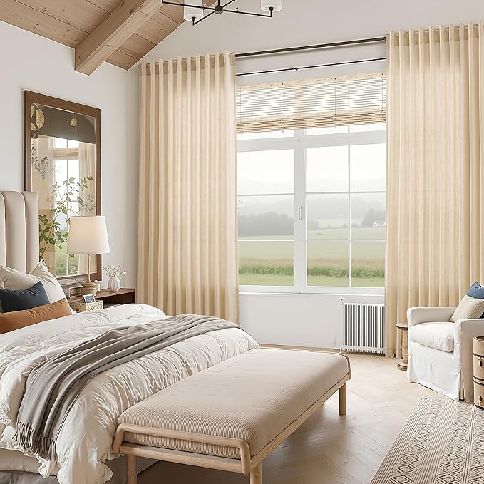 Tan Linen Curtains 90 Inch for Living Room Rod Pocket Back Tab Window Drapes Light Filtering Vintage Style Modern Farmhouse Curtain for Dining Room Bedroom 52x90,2 Panels