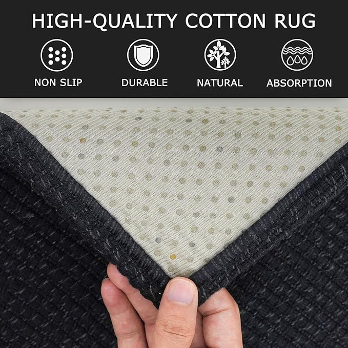 KOZYFLY Long Runners for Hallways 3x12 ft Washable Kitchen Runner Non Slip Rubber Backed Hallway Rugs Cotton Entryway Runner Rug Floor Carpet for Indoor Hall, Backdoor, Kitchen, Black/Dark Grey