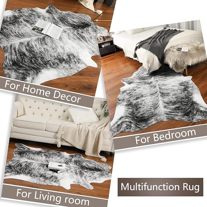 AROGAN Western Decor Faux Fur Cowhide Rug, 6 x 7 Feet Premium Animal Skin Cow Hide Rug, Sturdy Cow Print Rugs for Wall Decor, Western Floor Carpet for Bedroom Living Room, Black and Grey