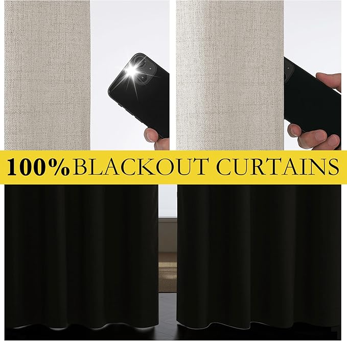 NICETOWN Brich Vintage Open Linen Weave Flax Thermal Curtains, 100% Blackout Curtains 84 inches Long for Dining Room, Soundproof Window Treatment Drapes for Hall Room, 52" Wide Per Panel, Set of 2