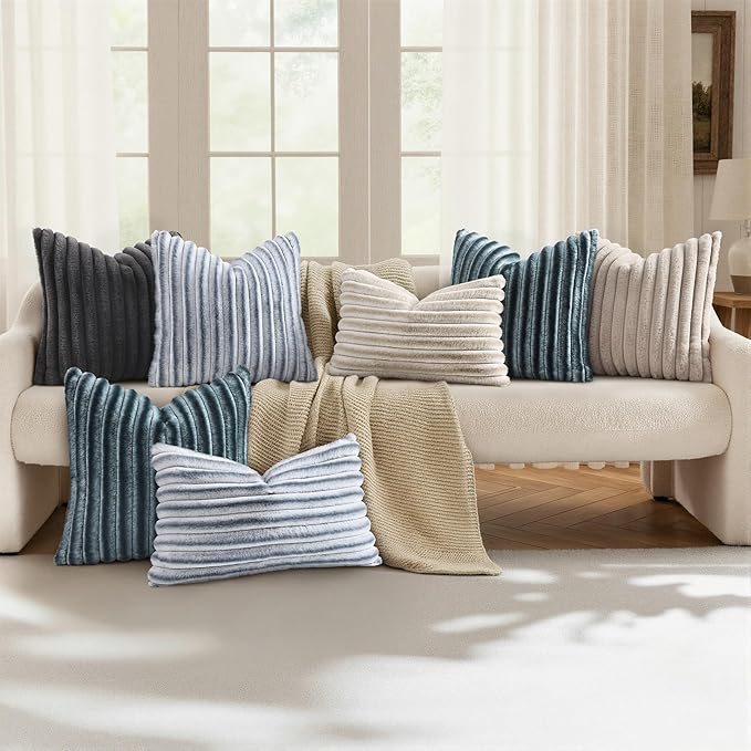 decorUhome Cozy Faux Fur Throw Pillow Covers 16x16 Set of 2 Decorative Soft Plush Striped Modern Farmhouse Boho Couch Pillow Cases with Velvet Back for Sofa Bed Living Room, Dark Grey